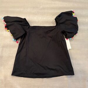 Lord & Taylor Black Blouse with Multicolor Pom Poms. Size S